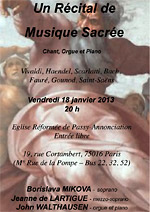 MUSACOR Présente : Récital de Musique Sacrée "Chant, Orgue et Piano" - 18 janvier 2013